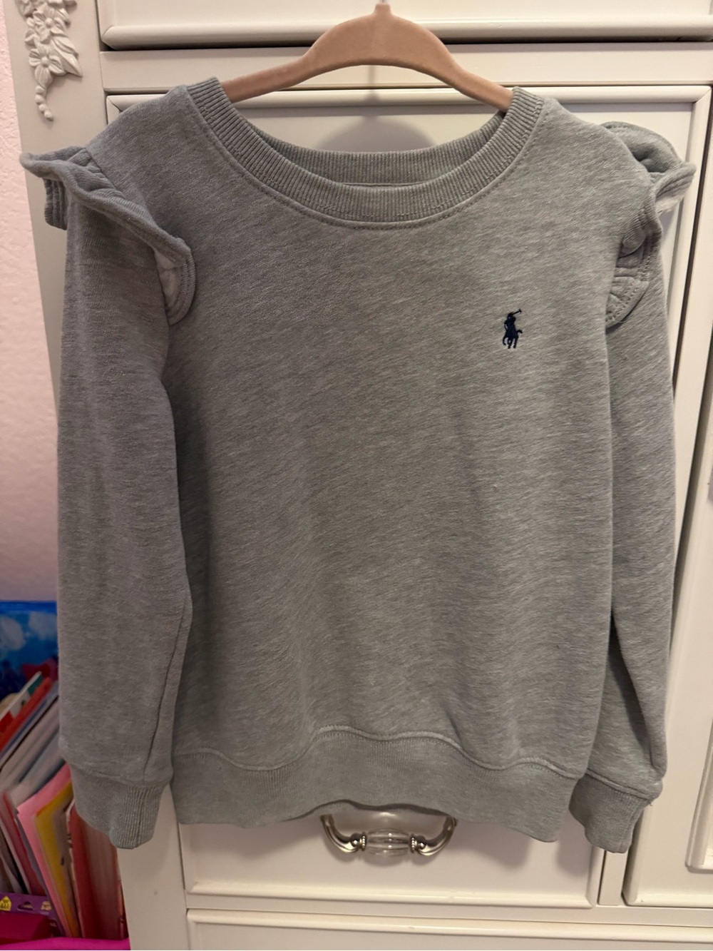 Ralph Lauren Girls' Gray Ruffle Shoulder Sweatshirt